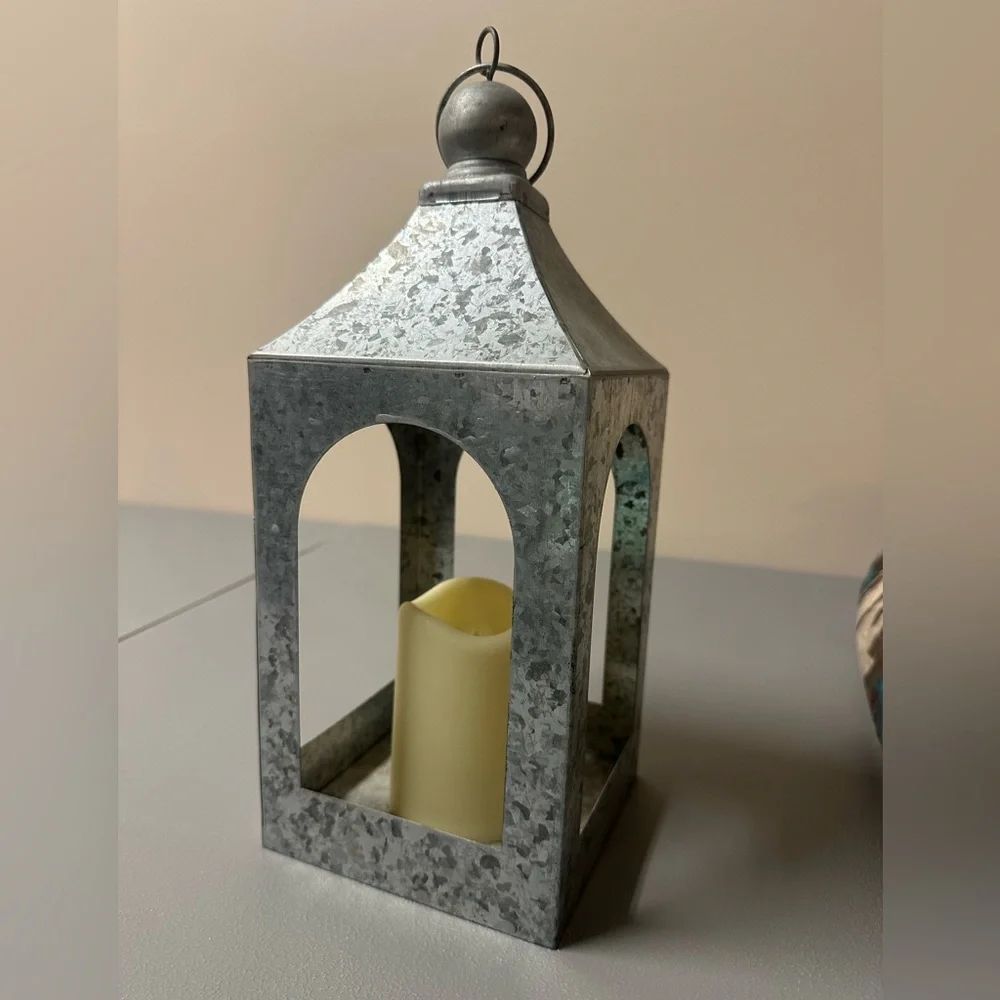 Gray Metal Lantern with LED Candle